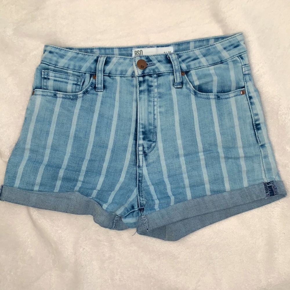 Striped high rise jean shorts; size 3/w26